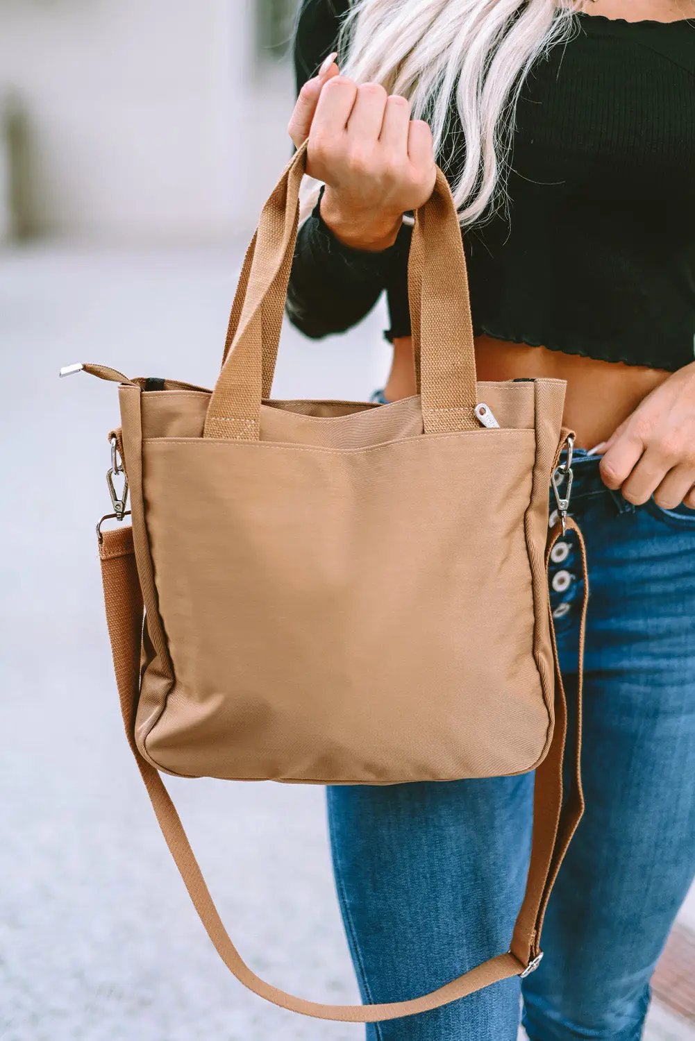 Light Beige Multi Pockets Zipped Large Canvas Shoulder Bag - Bellisima Clothing Collective