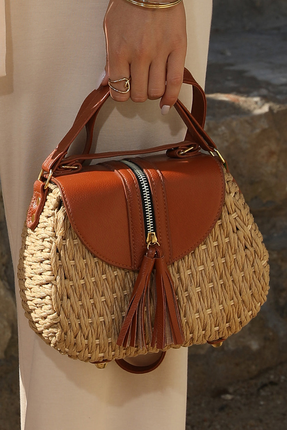 Light French Beige Bamboo Weaving Leather Flap Tassel Shoulder Bag - Bellisima Clothing Collective