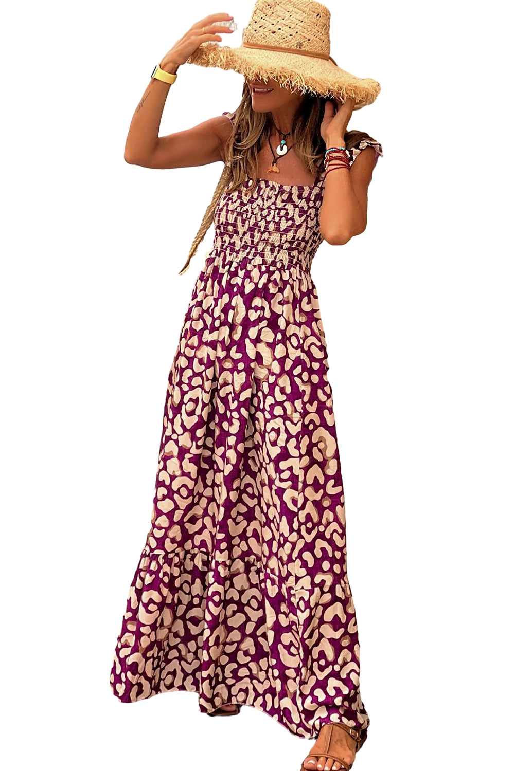 Rose Leopard Ruffle Straps Smocked High Waist Maxi Dress
