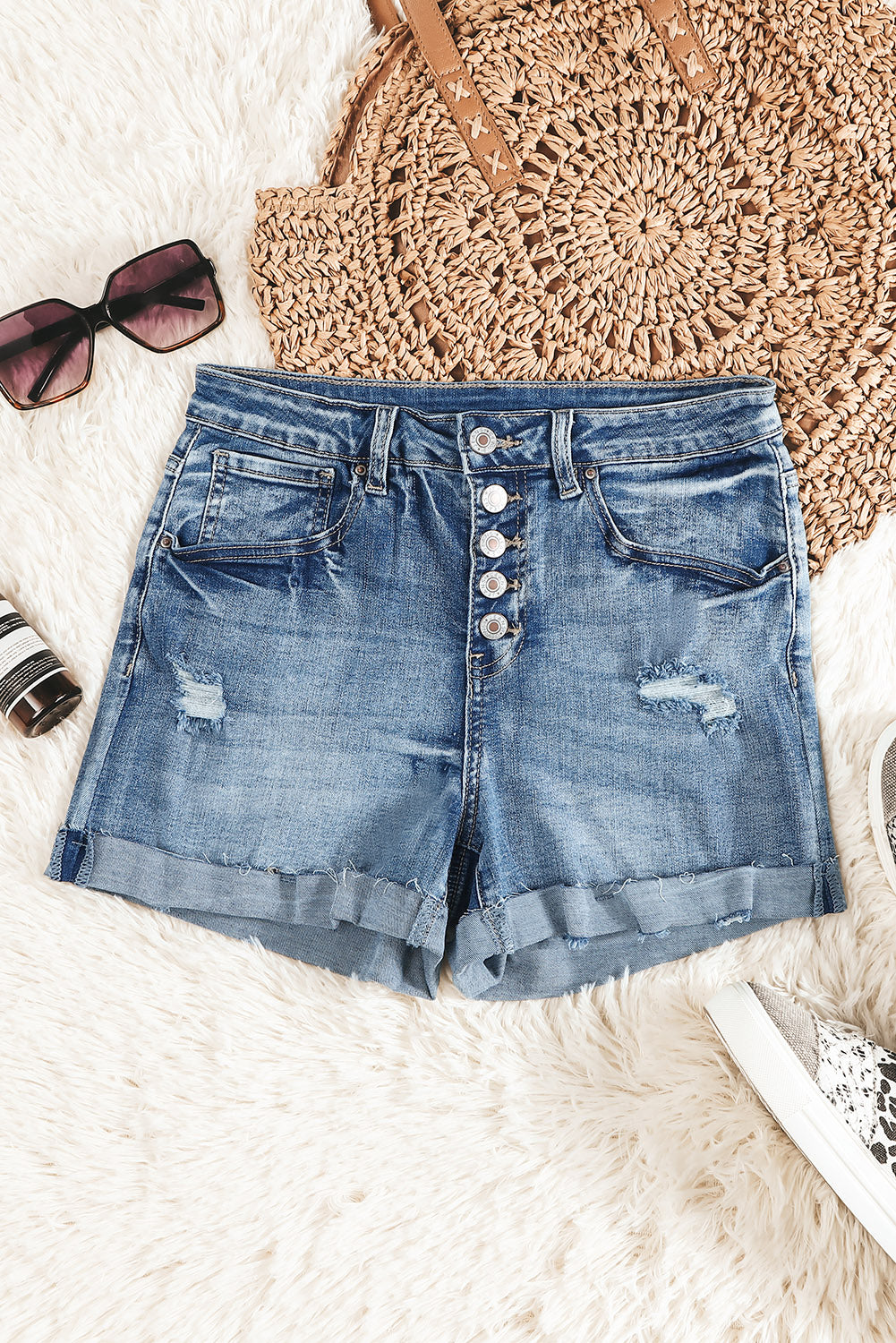 Light Blue Button Fly Distressed High Rise Denim Shorts - Bellisima Clothing Collective