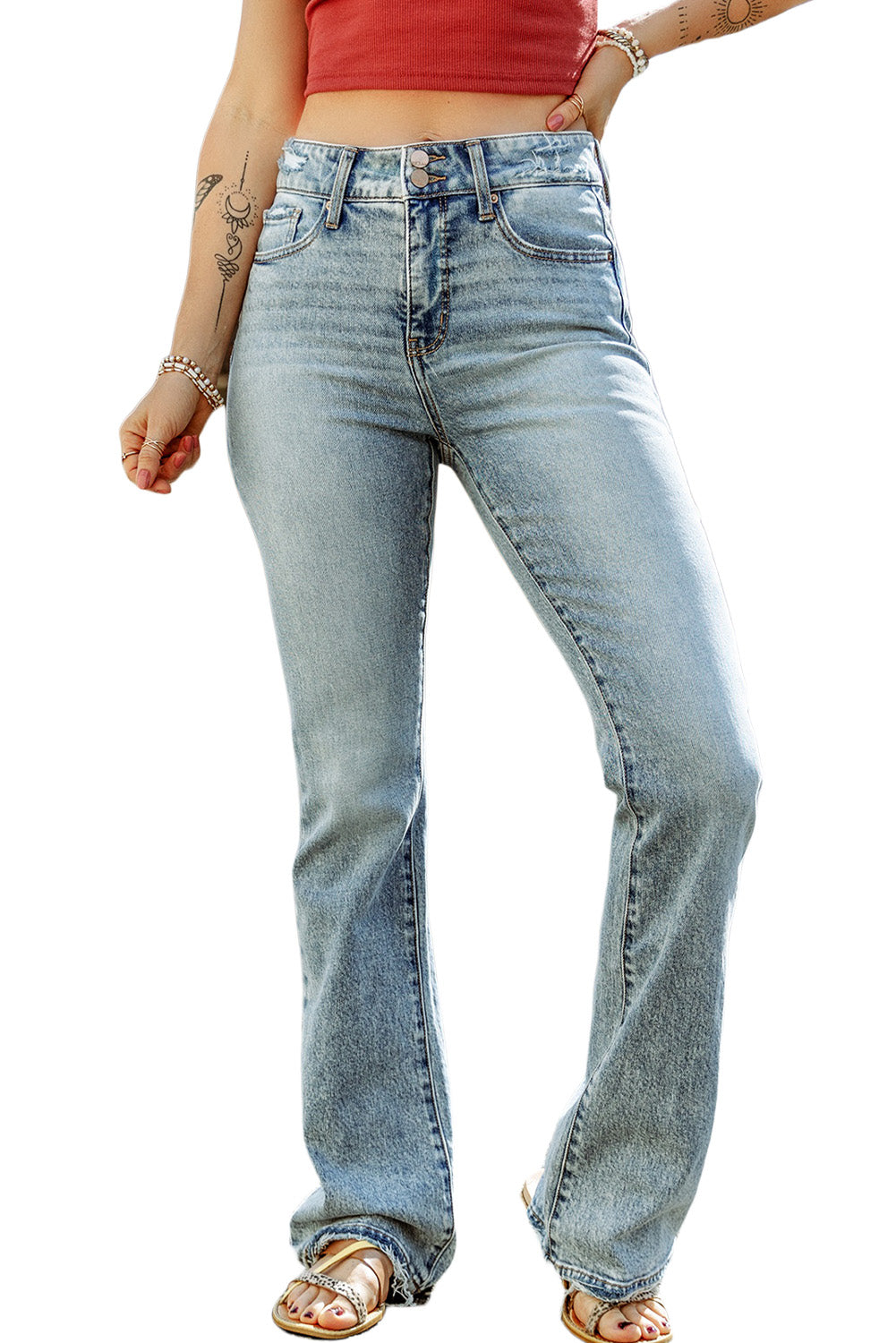 Light Distressed Flare High Rise Jeans - Bellisima Clothing Collective