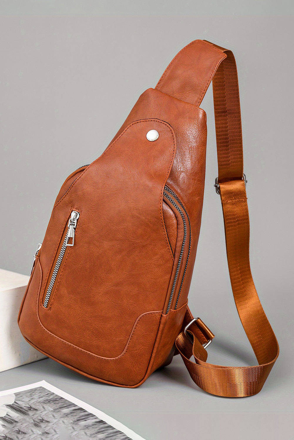 Chestnut Adjustable Straps Zipped Vegan Leather Sling Bag - Bellisima Clothing Collective