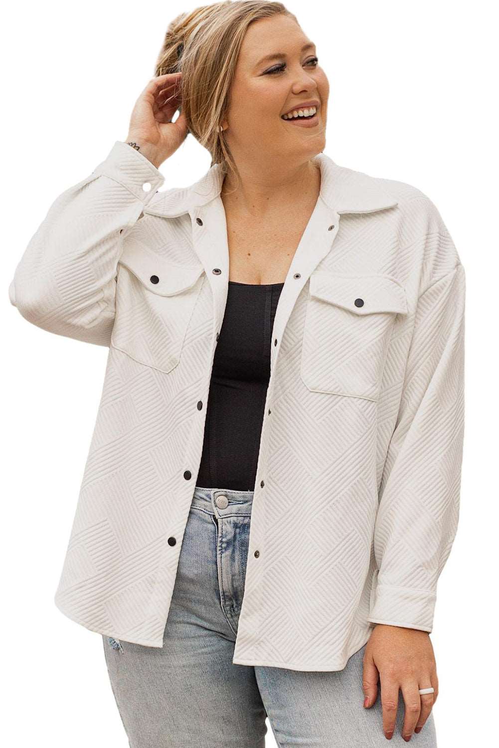 Beige Plus Size Textured Flap Pockets Jacket - Bellisima Clothing Collective