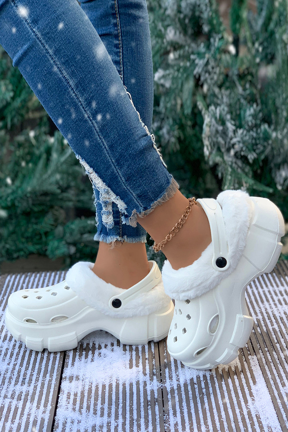 White Plush Lining Winter Hollowed Thick Sole Clogs - Bellisima Clothing Collective