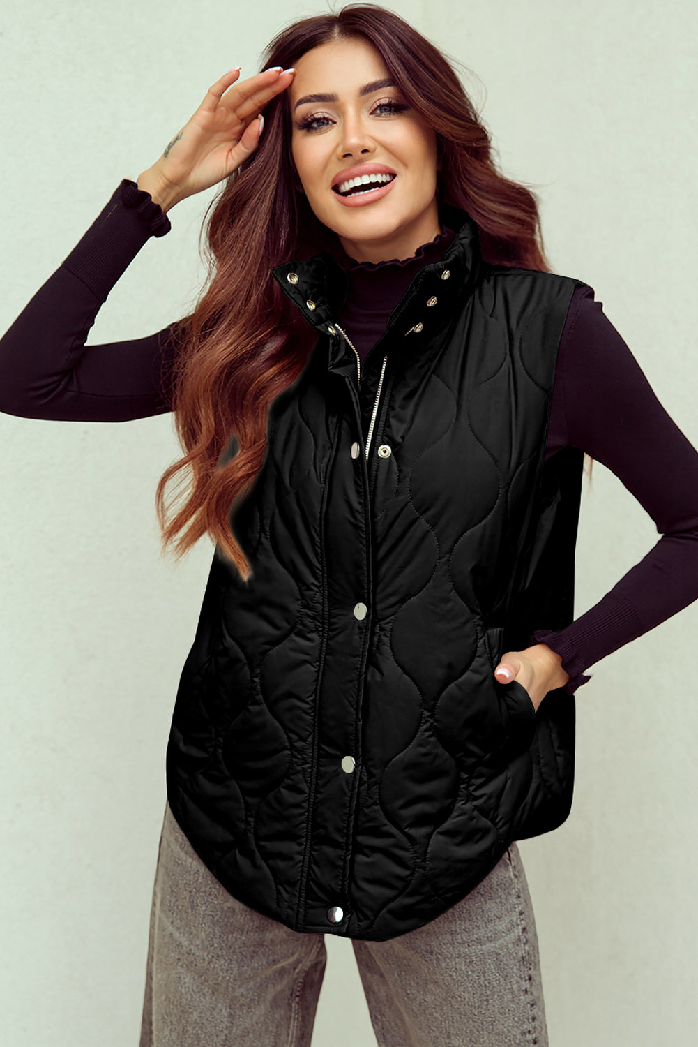 Black Textured Button Zipped Puffer Vest Jacket - Bellisima Clothing Collective