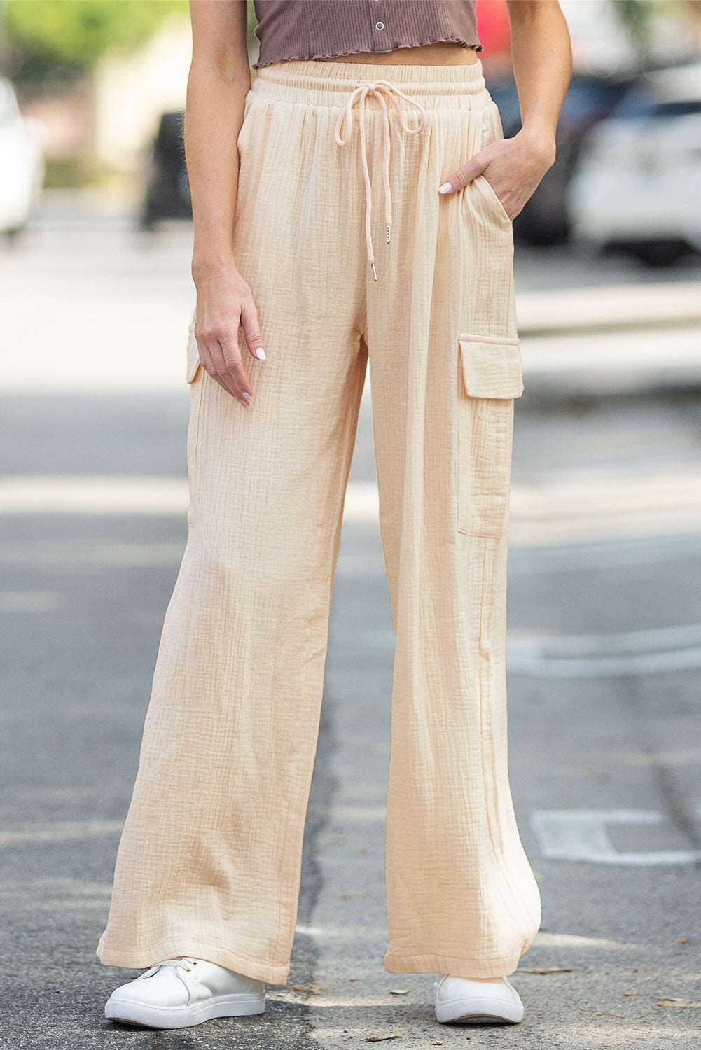 Apricot Loose Drawstring High Waist Crinkled Cargo Pants - Bellisima Clothing Collective