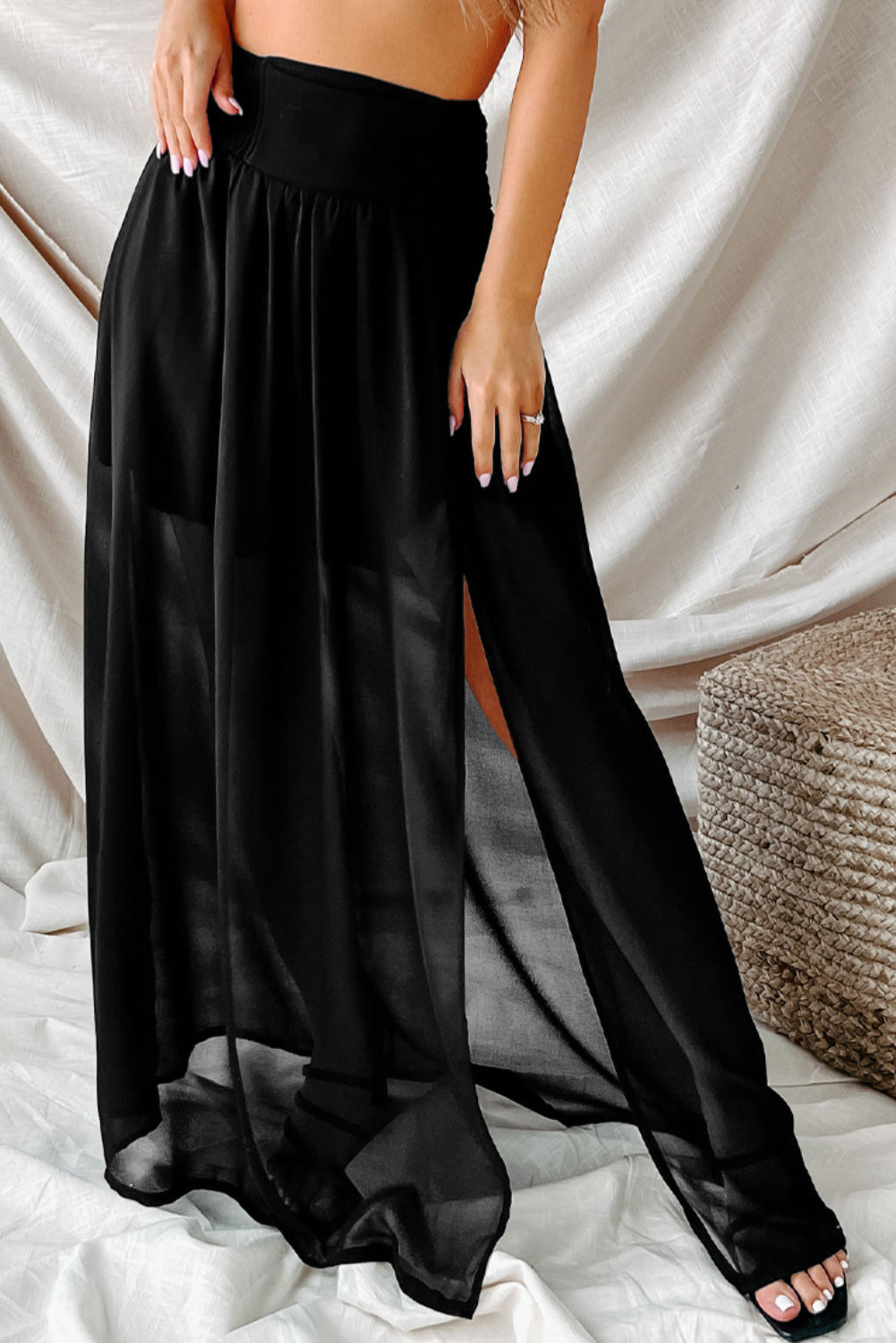 Black Shirred High Waist Chiffon Split Beach Maxi Skirt - Bellisima Clothing Collective