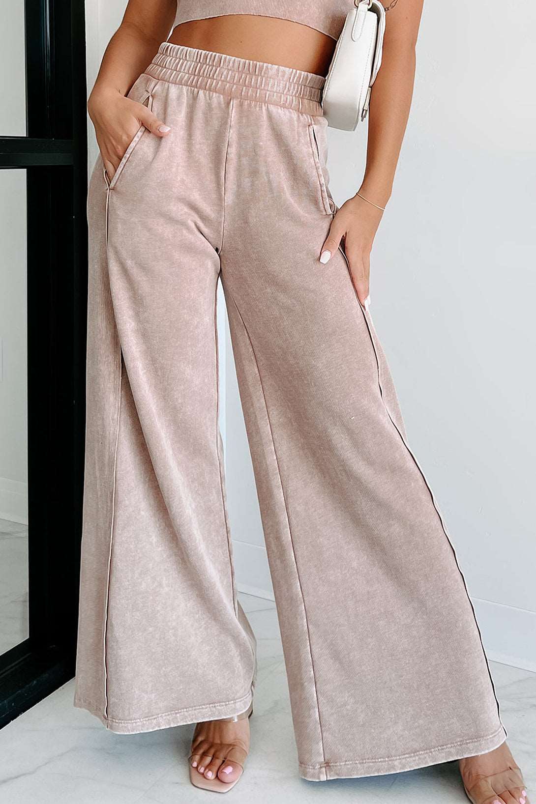 Apricot Pink Mineral Washed Smocked Wide Leg Pants - Bellisima Clothing Collective