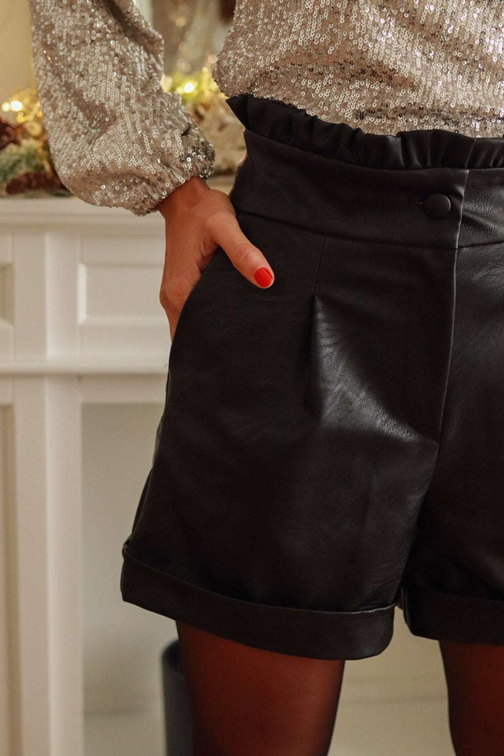 Black Frilled High Waist A-line Faux Leather Shorts - Bellisima Clothing Collective