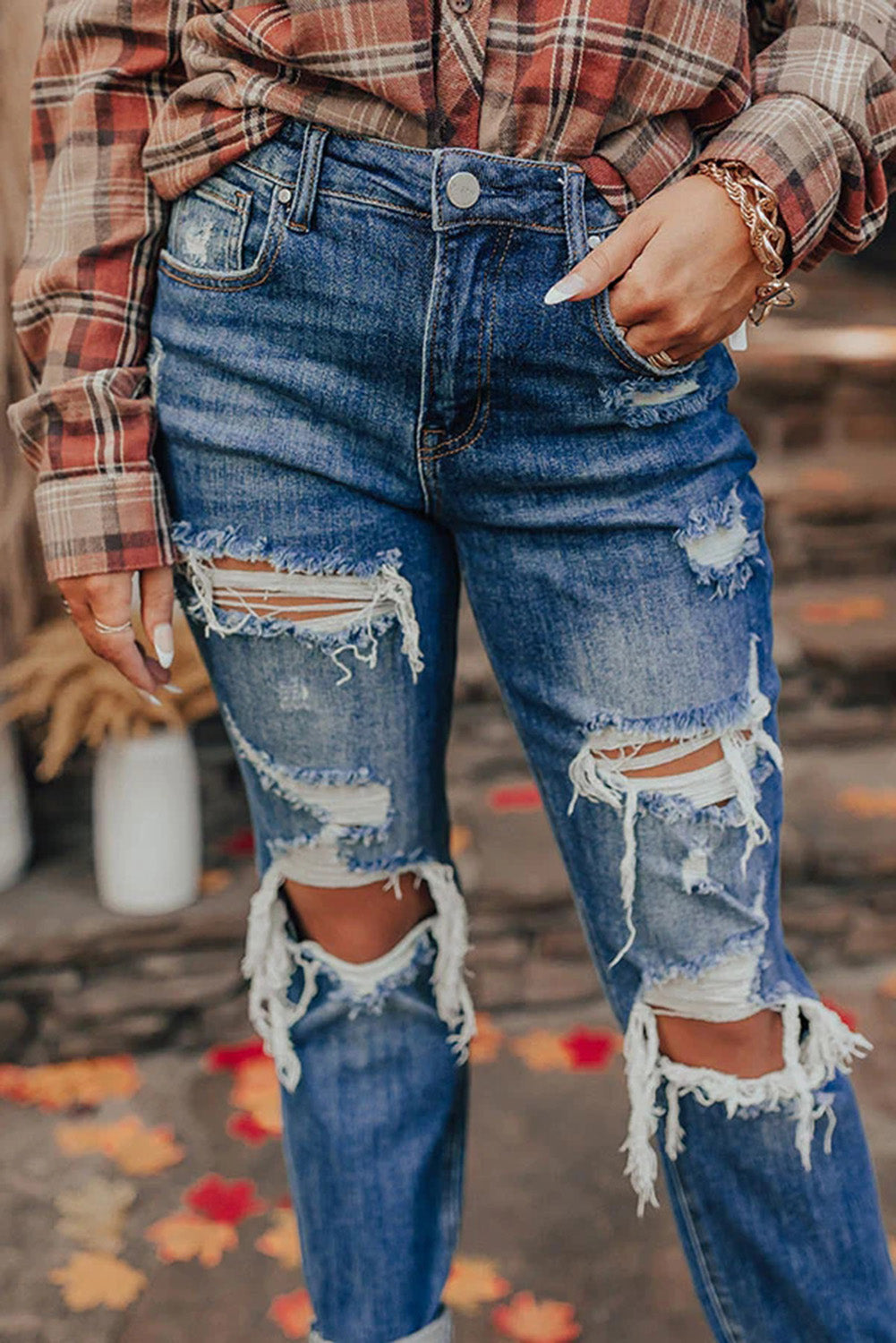 Blue Vintage Distressed Boyfriend Ripped Jeans - Bellisima Clothing Collective