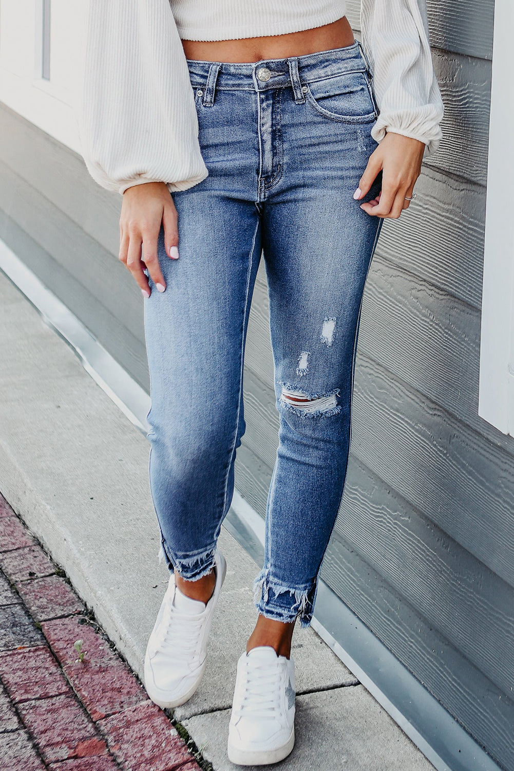 Light Blue Ripped Ankle Skinny Jeans - Bellisima Clothing Collective