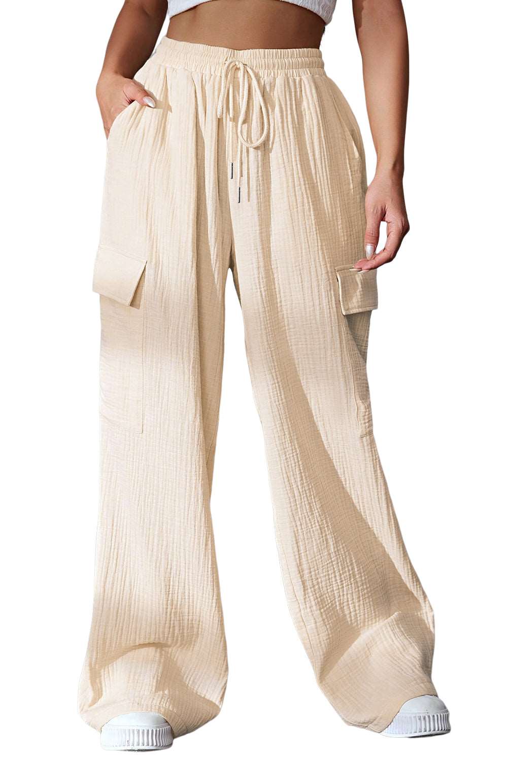 Apricot Loose Drawstring High Waist Crinkled Cargo Pants - Bellisima Clothing Collective