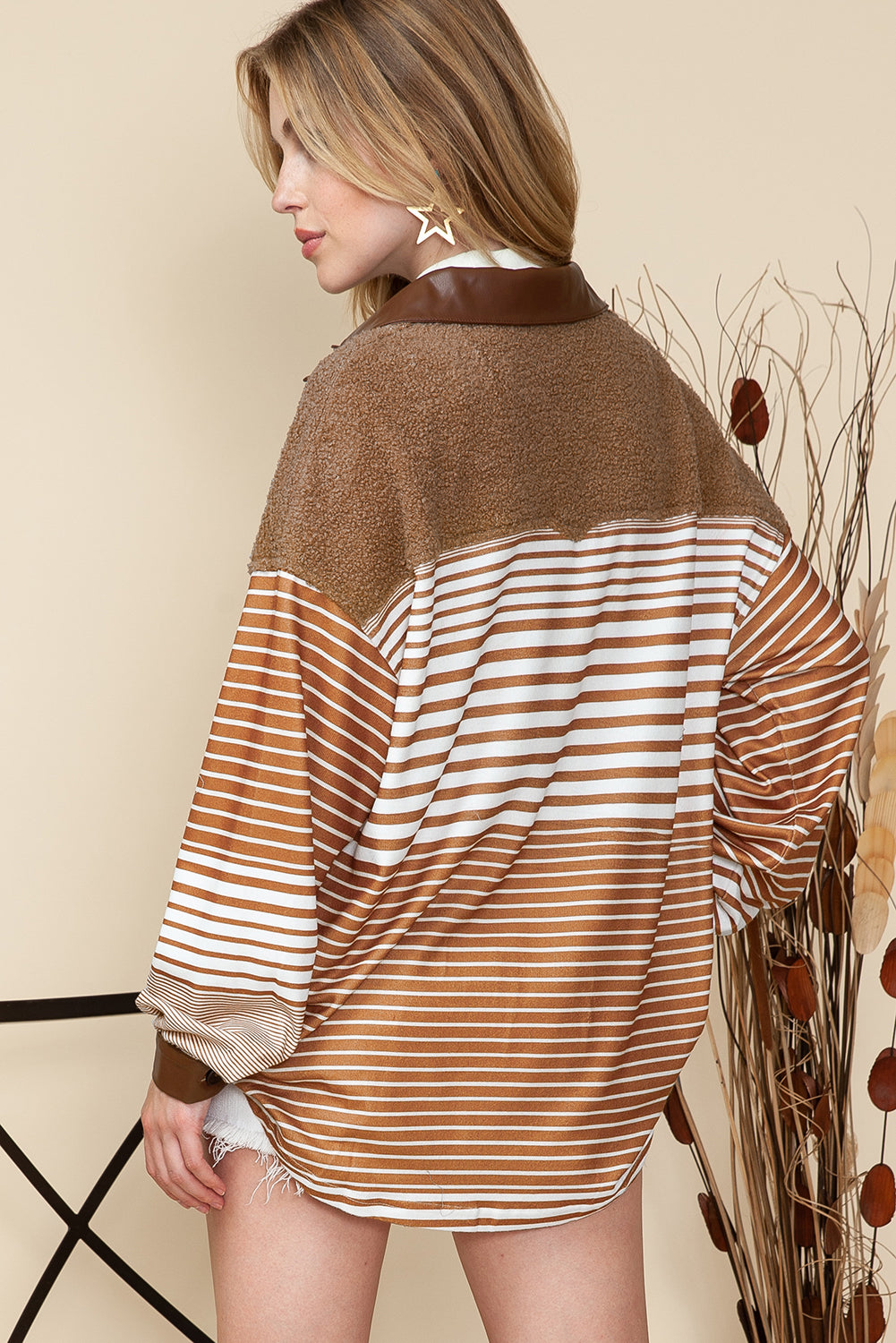 Khaki Sherpa Lined Striped Shacket - Bellisima Clothing Collective