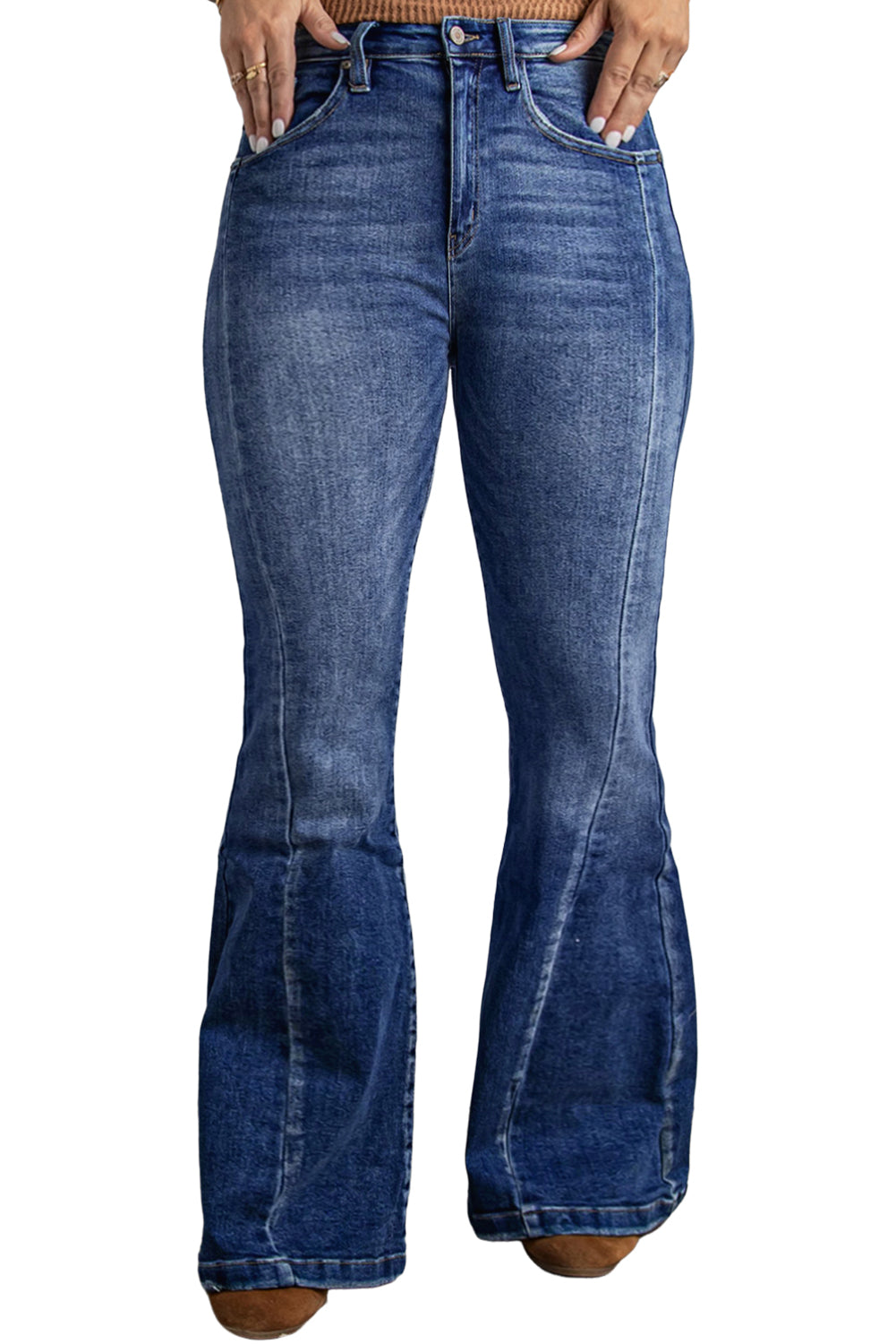 Dark Blue Plus Size Stitching Washed Flare Jeans - Bellisima Clothing Collective