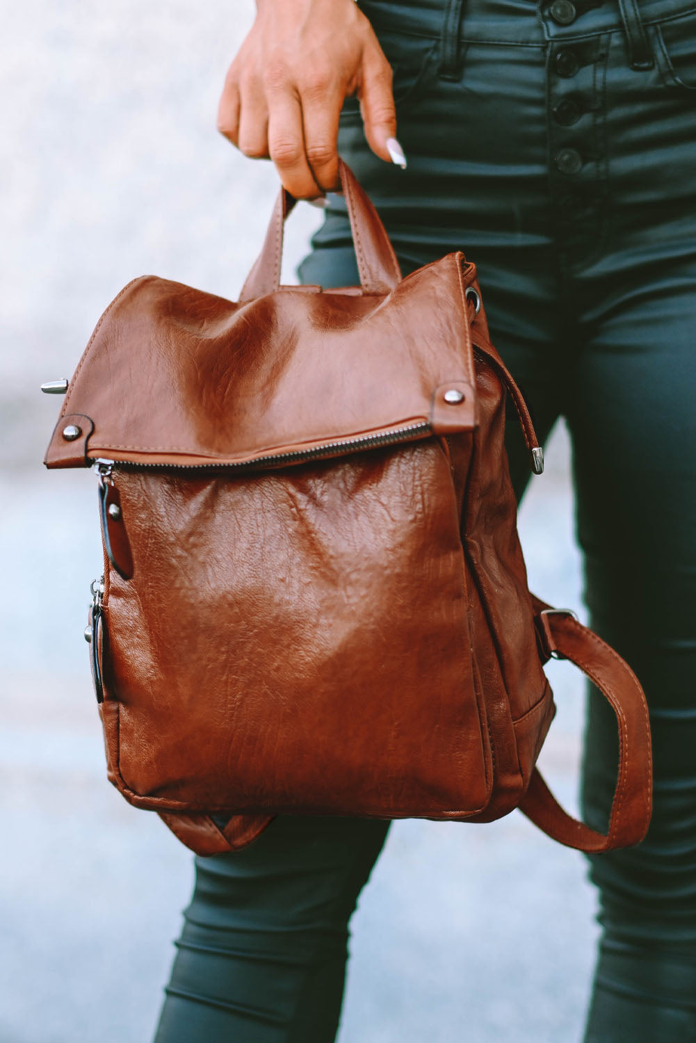 Brown Retro PU Leather Large Capacity Backpack - Bellisima Clothing Collective