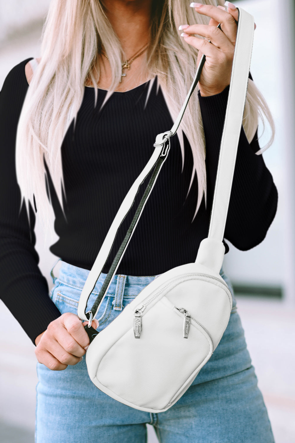 White Adjustable Strap Zipper PU Leather Sling Bag - Bellisima Clothing Collective