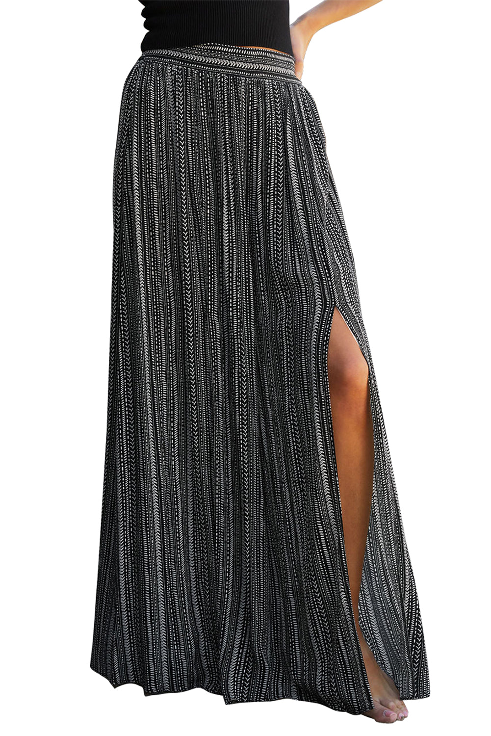 Black Striped Printed Slit Wide Leg High Waist Pants - Bellisima Clothing Collective