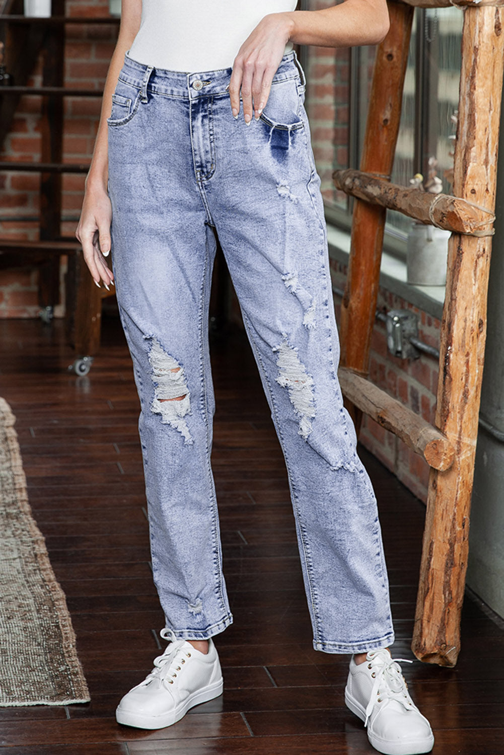 Sky Blue Acid Wash Sheath Straight Leg Distressed Jeans - Bellisima Clothing Collective