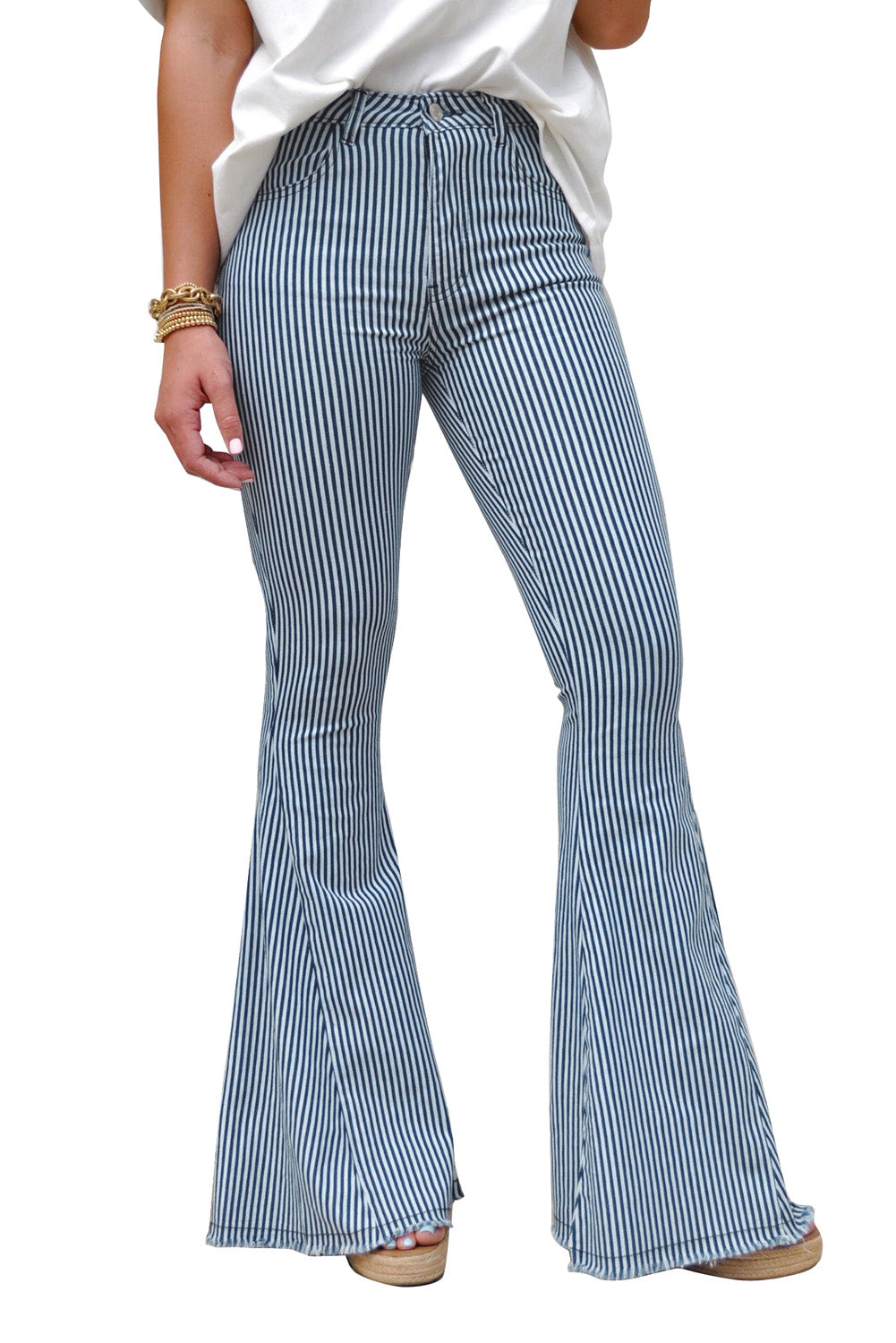 Light Blue Striped Mid Rise Bell Bottoms - Bellisima Clothing Collective