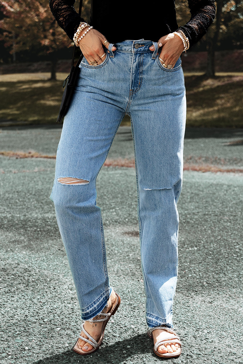 Light Blue Distressed Raw Edge Straight Jeans - Bellisima Clothing Collective