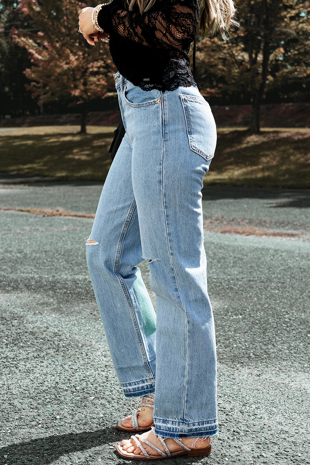 Light Blue Distressed Raw Edge Straight Jeans - Bellisima Clothing Collective