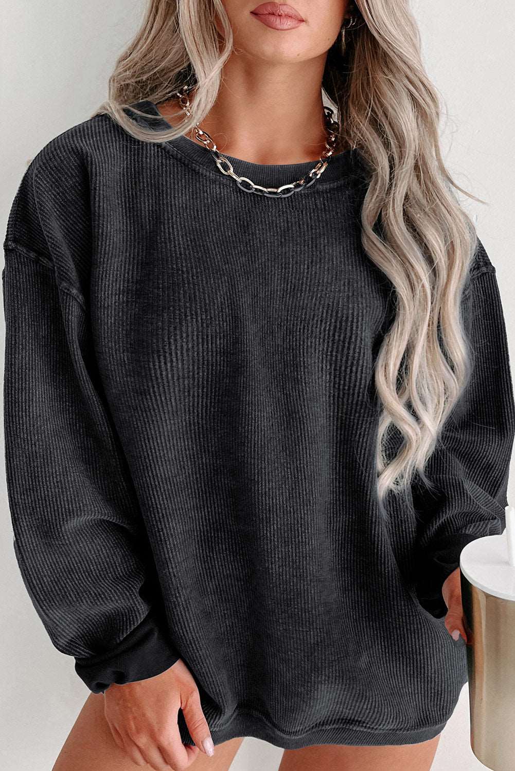Black Plus Size Corded Round Neck Sweatshirt - Bellisima Clothing Collective
