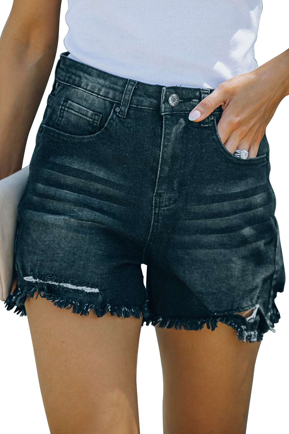 Black Casual Frayed High Waisted Denim Shorts - Bellisima Clothing Collective