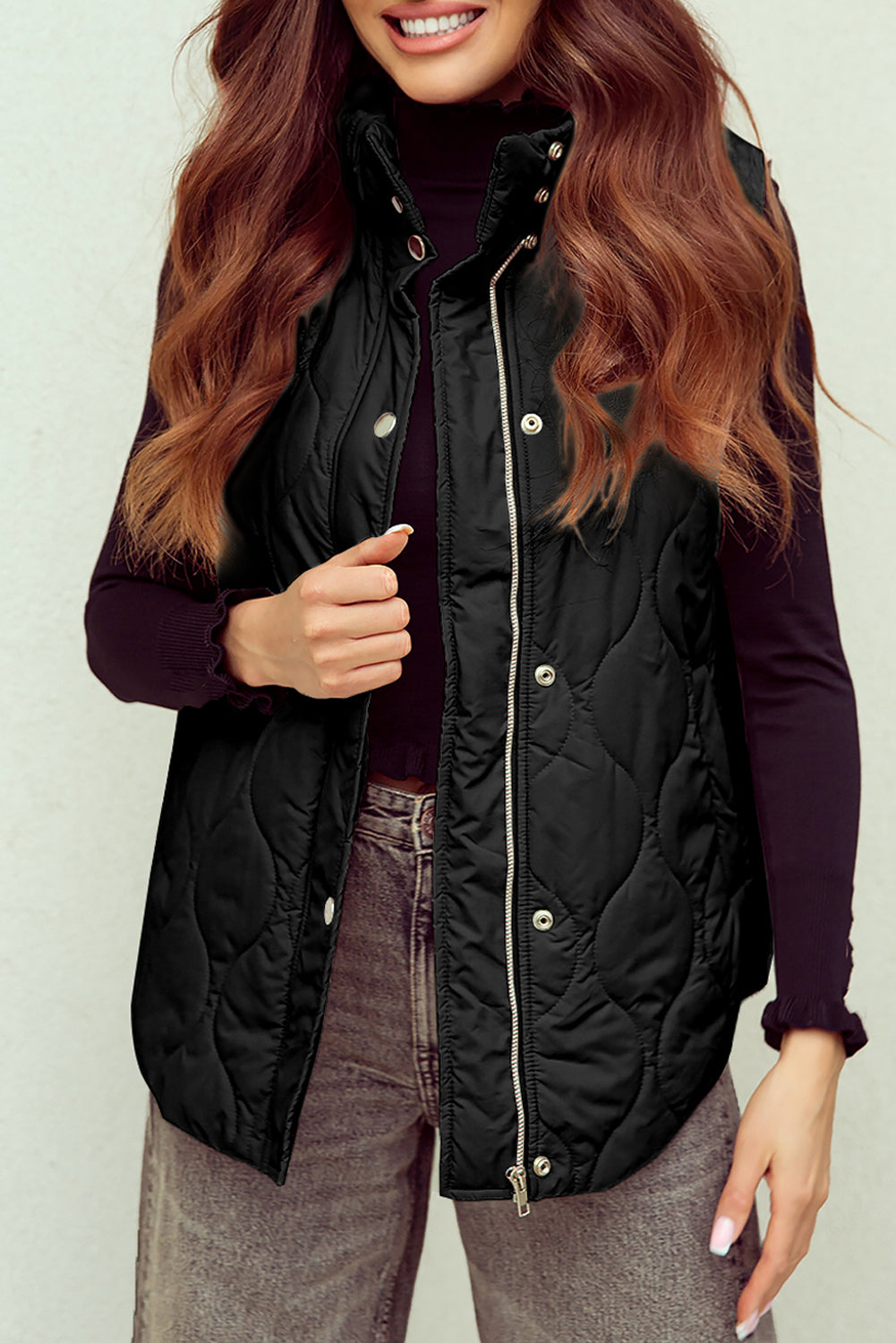 Black Textured Button Zipped Puffer Vest Jacket - Bellisima Clothing Collective