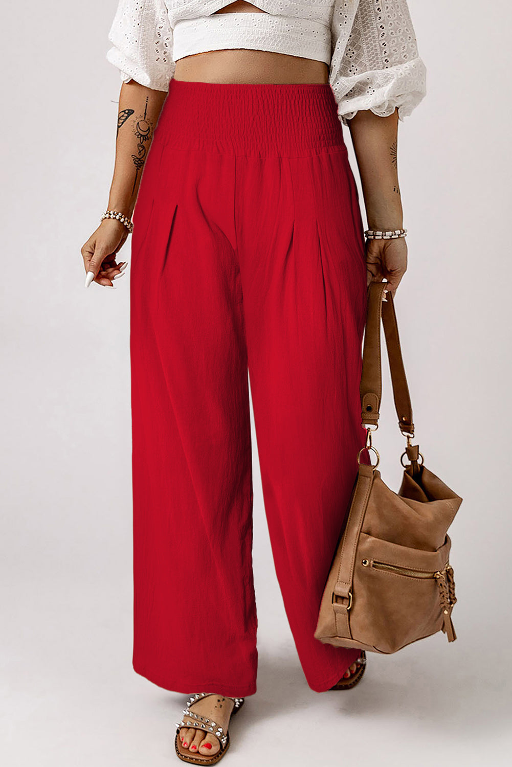 Khaki Smocked Wide Waistband High Waist Wide Leg Pants - Bellisima Clothing Collective