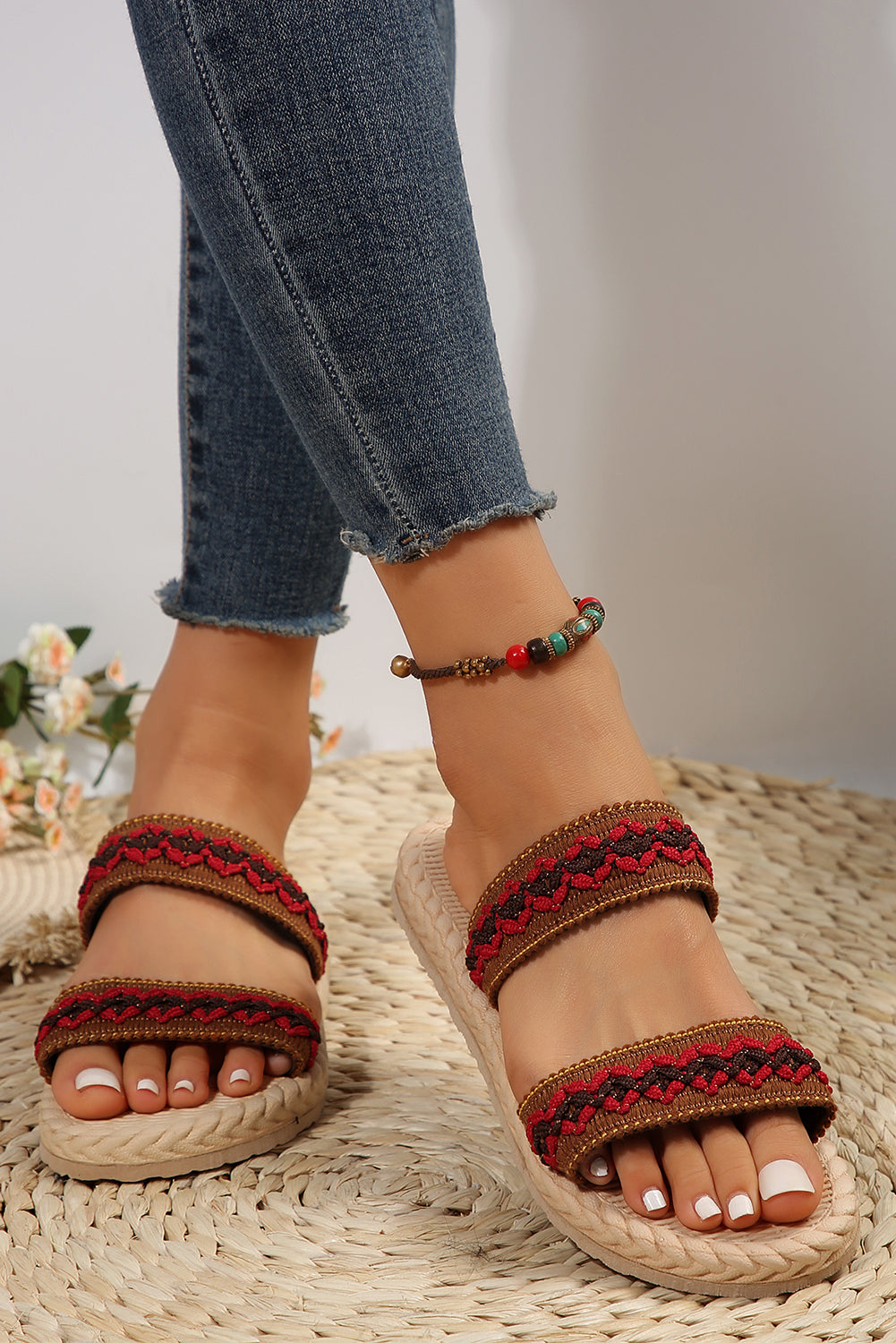Fiery Red Woven Straps Slip On Flat Slippers - Bellisima Clothing Collective