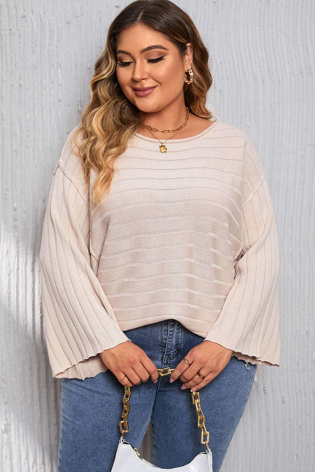 Apricot Plus Size Exposed Seam Bracelet Sleeve Ribbed Top - Bellisima Clothing Collective