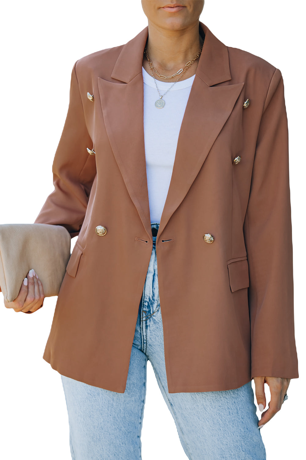 Double Breasted Lapel Neck Flap Pocket Casual Brown Blazer for Women - Bellisima Clothing Collective