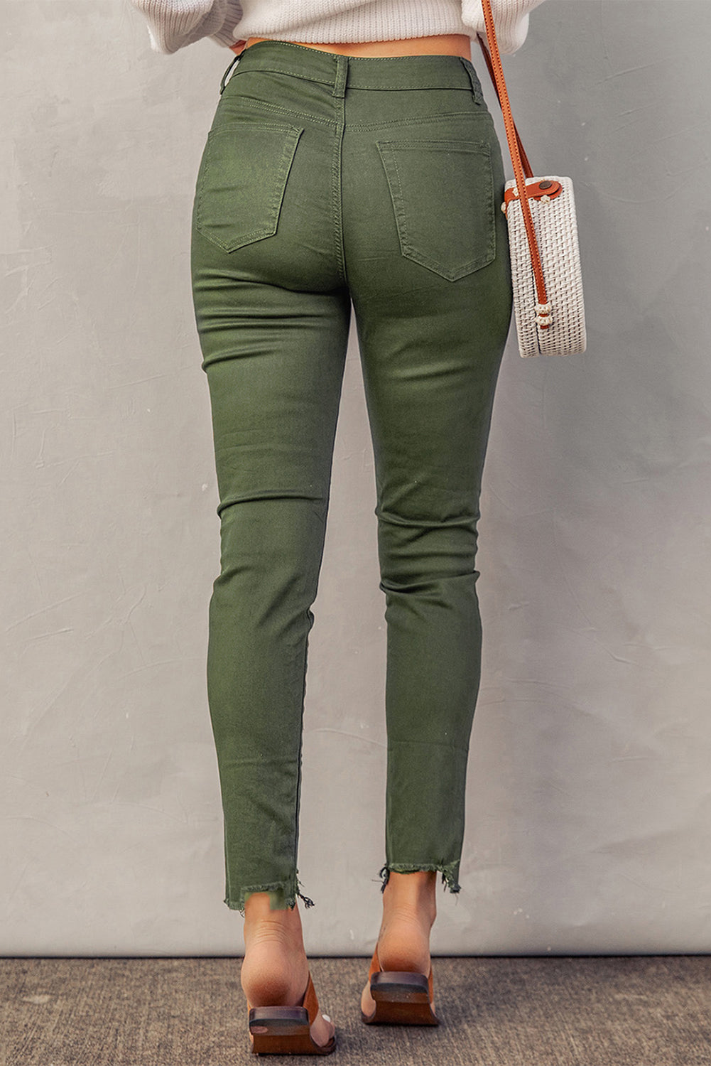 Green Frayed Raw Hem High Waist Denim Jeans - Bellisima Clothing Collective