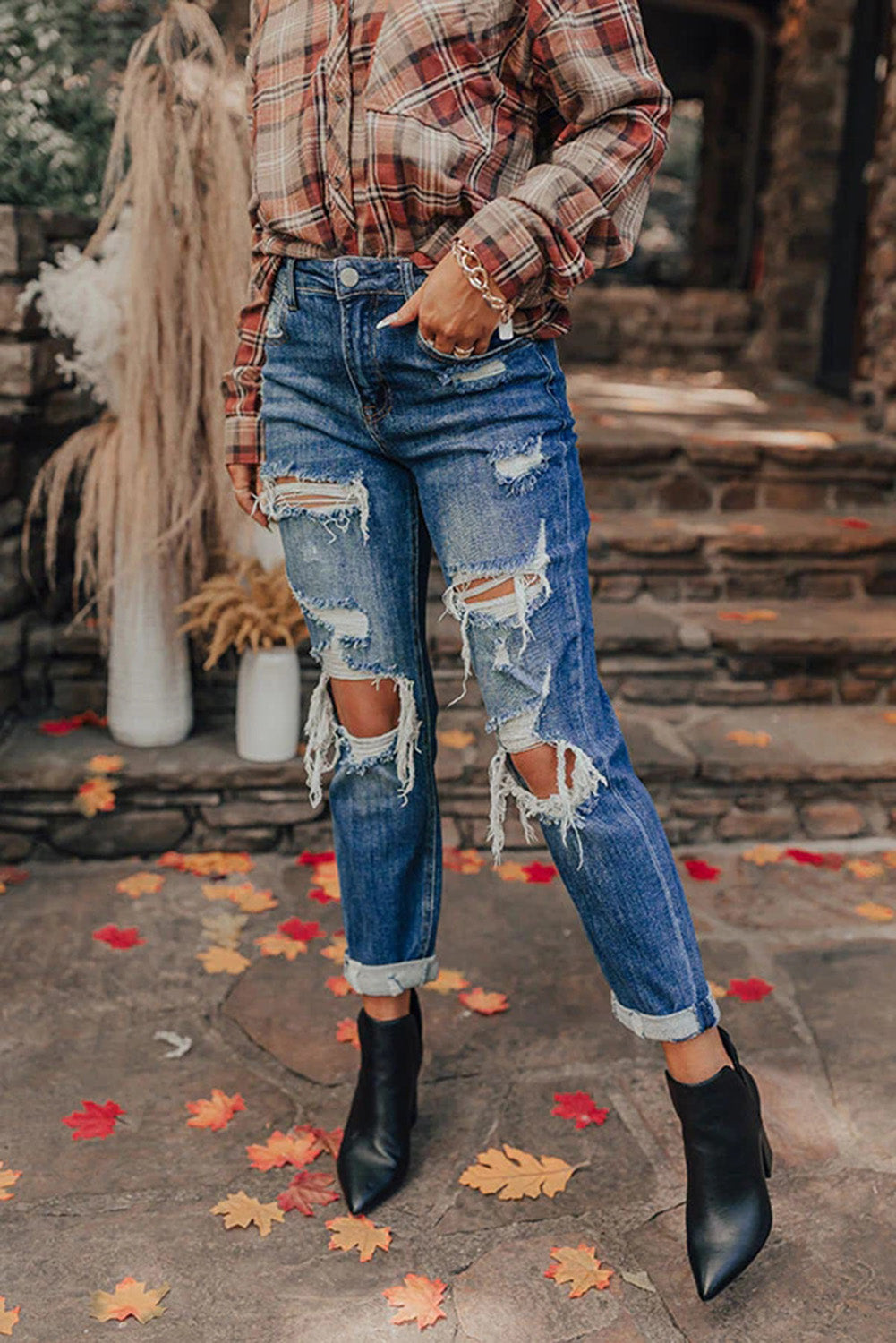 Blue Vintage Distressed Boyfriend Ripped Jeans - Bellisima Clothing Collective