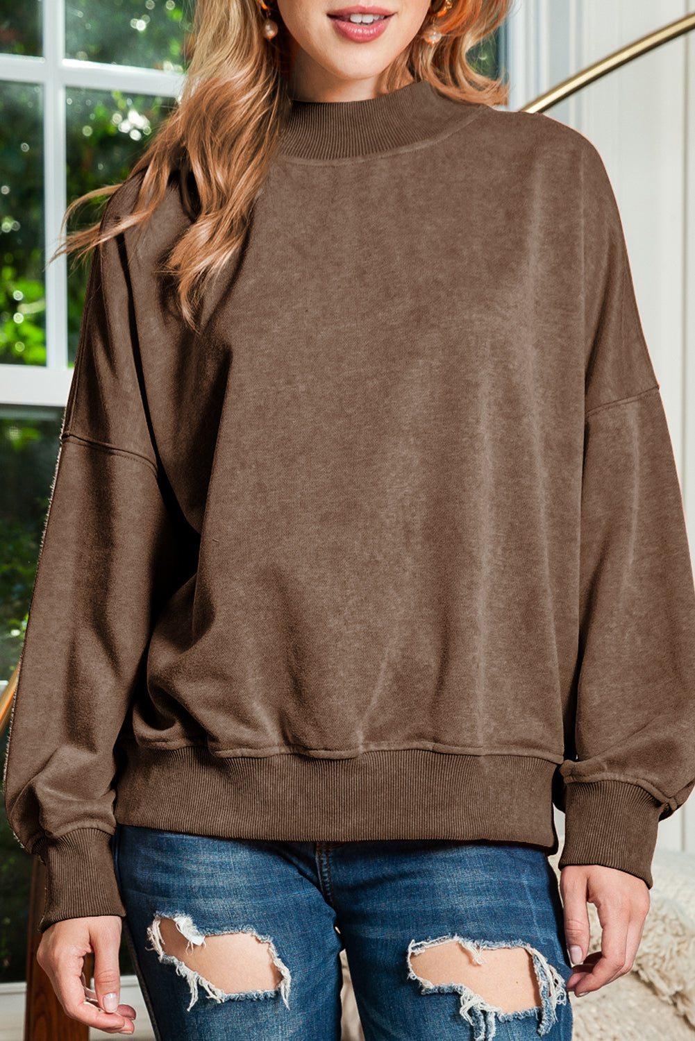 Brown Plain Drop Shoulder Crew Neck Pullover Sweatshirt - Bellisima Clothing Collective