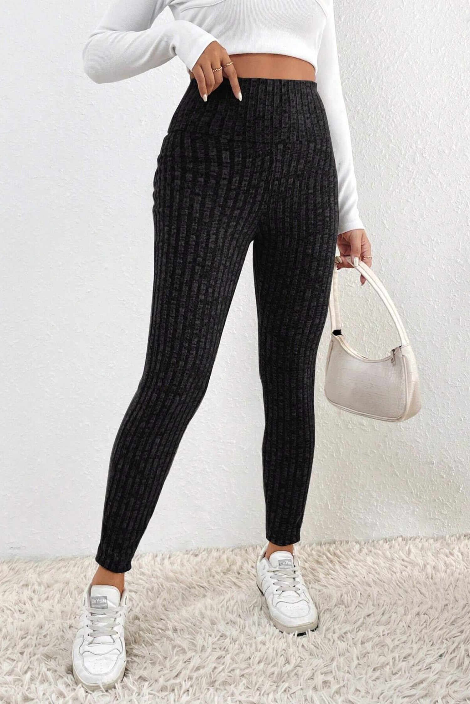 Black Wide Waistband Ribbed Textured Knit Leggings - Bellisima Clothing Collective