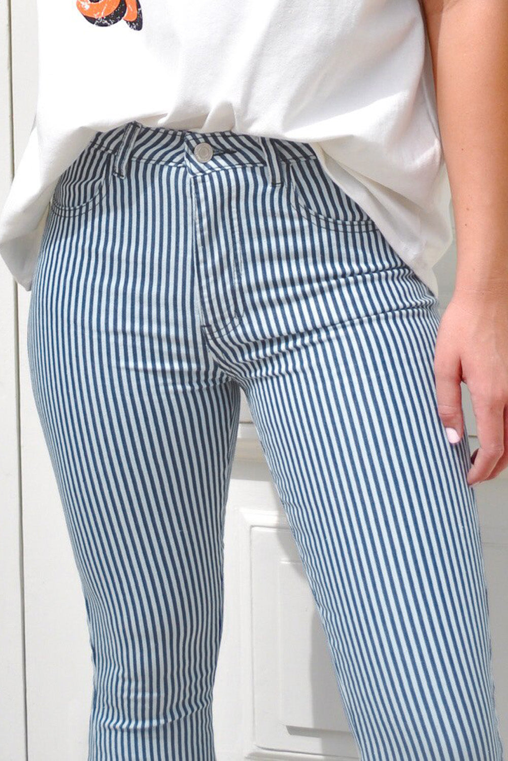 Light Blue Striped Mid Rise Bell Bottoms - Bellisima Clothing Collective