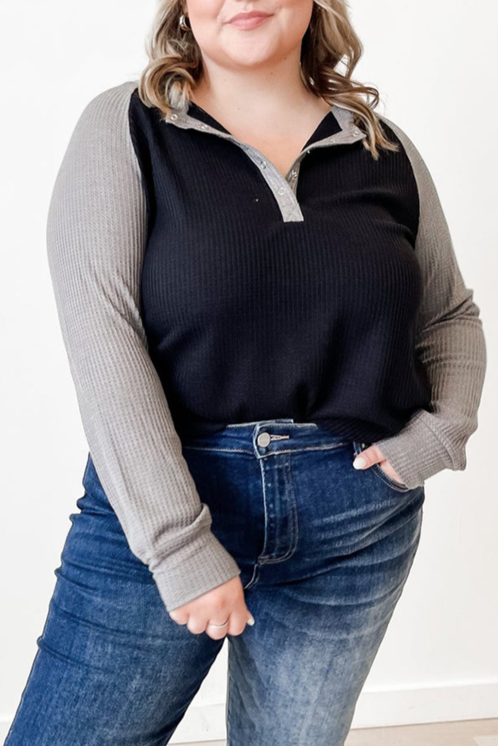 Black Plus Size Contrast Waffle Knit Henley Long Sleeve Top - Bellisima Clothing Collective