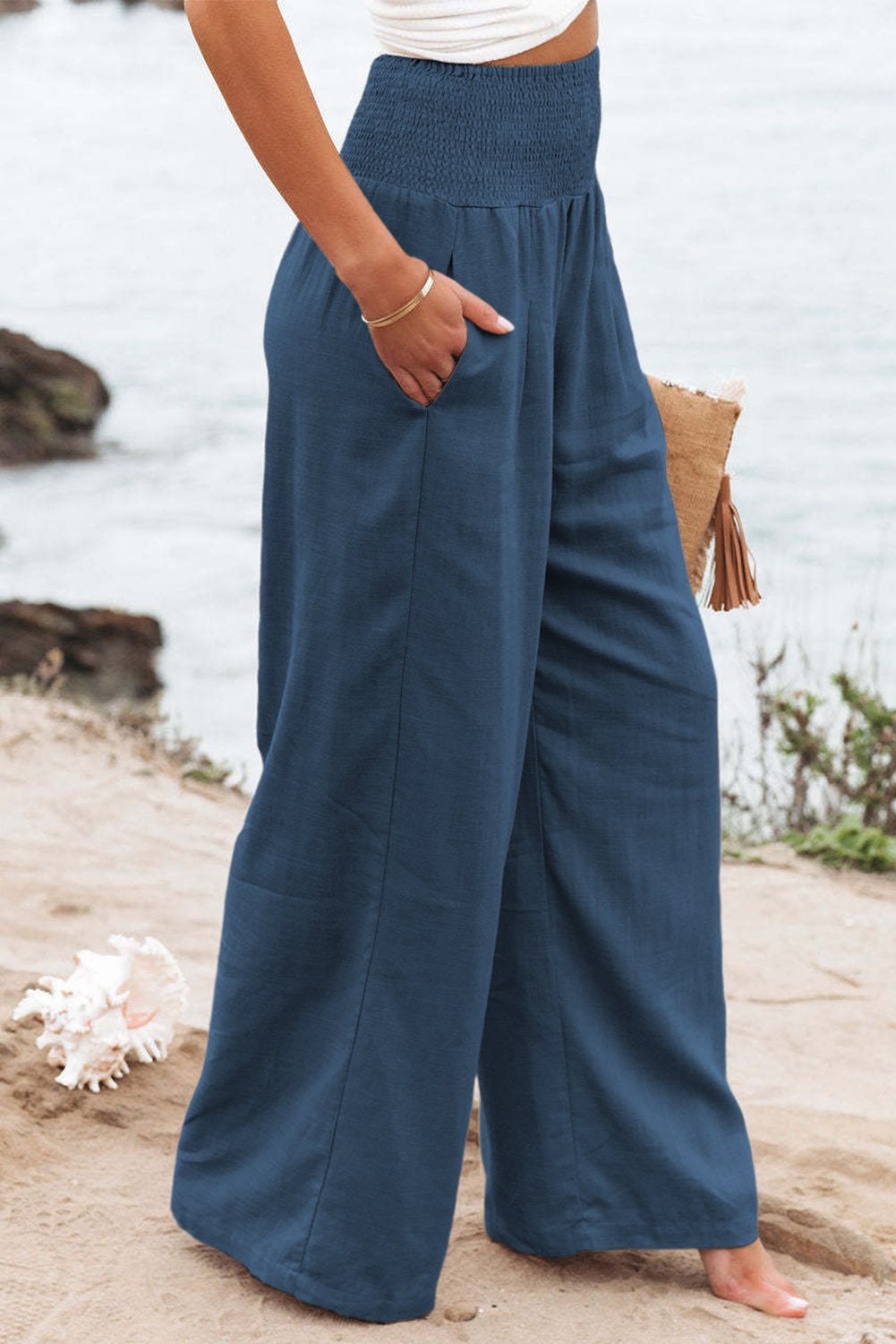 Khaki Smocked Wide Waistband High Waist Wide Leg Pants - Bellisima Clothing Collective