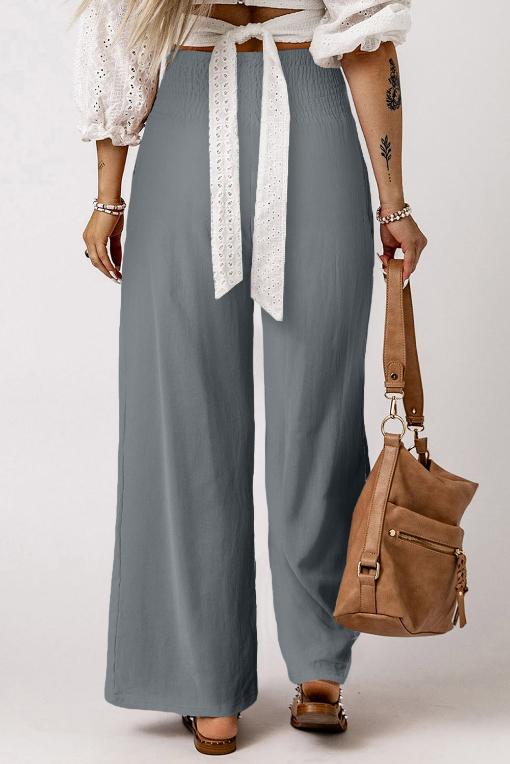 Khaki Smocked Wide Waistband High Waist Wide Leg Pants - Bellisima Clothing Collective