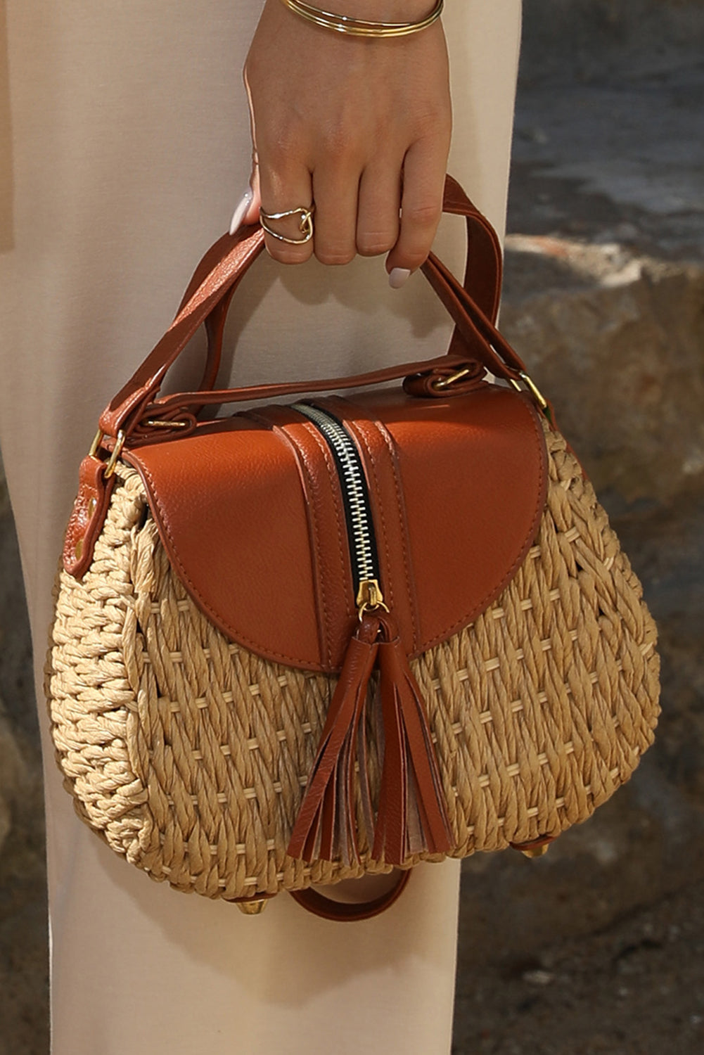 Light French Beige Bamboo Weaving Leather Flap Tassel Shoulder Bag - Bellisima Clothing Collective