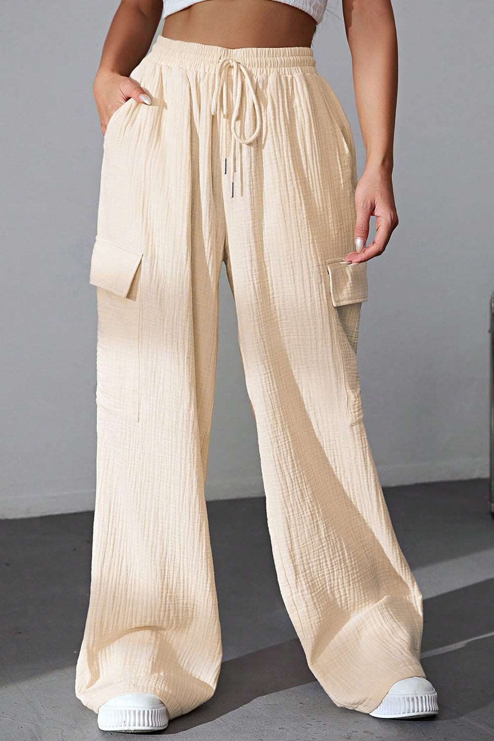 Apricot Loose Drawstring High Waist Crinkled Cargo Pants - Bellisima Clothing Collective