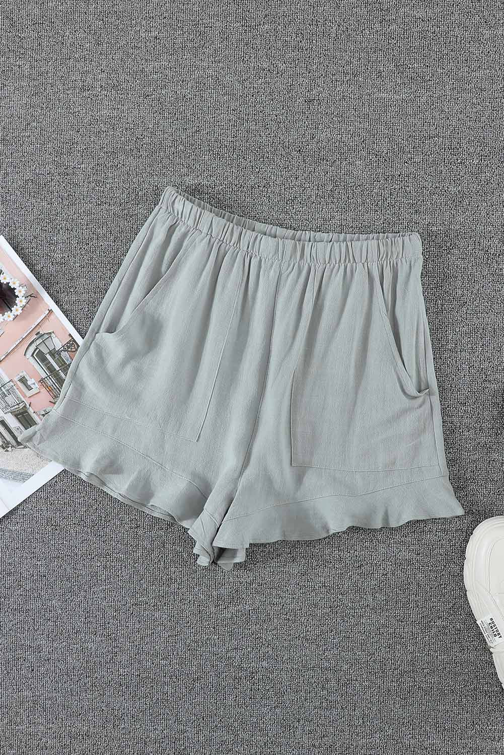 Khaki Casual Pocketed Ruffle High Waist Shorts - Bellisima Clothing Collective