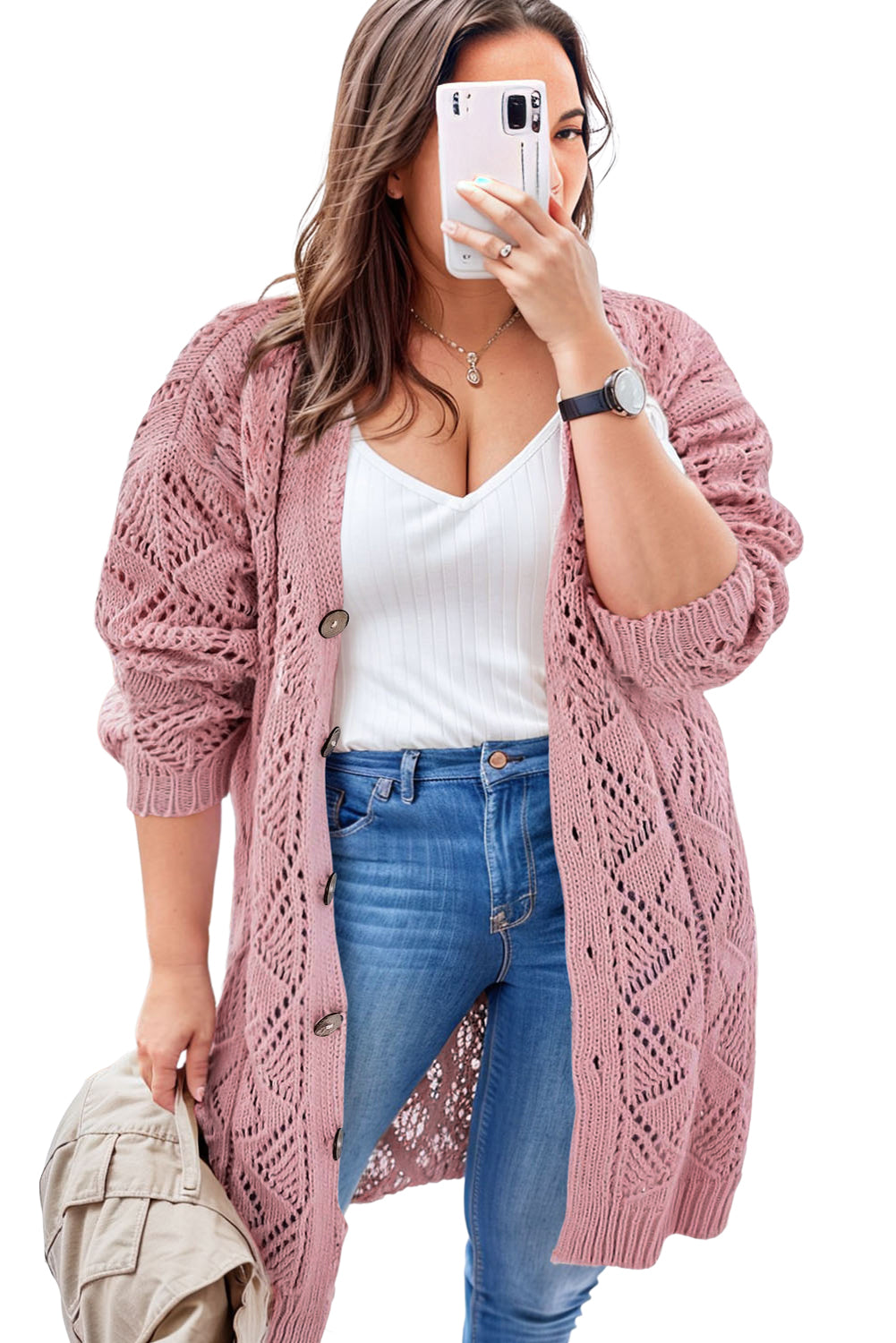 Pink Hollow Knit Button-Up Plus Size Cardigan - Bellisima Clothing Collective