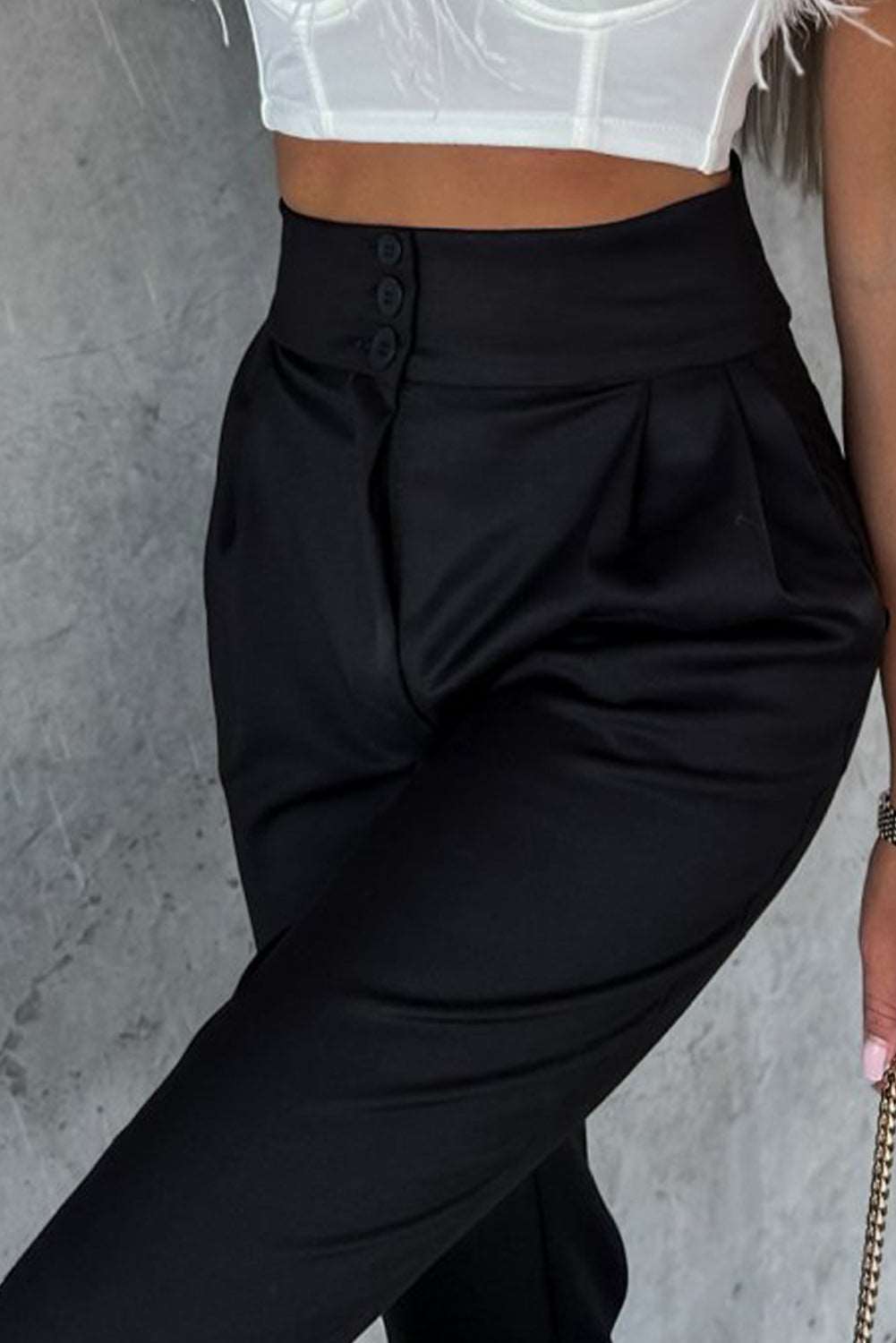 Black Button High Waist Tapered Pants - Bellisima Clothing Collective