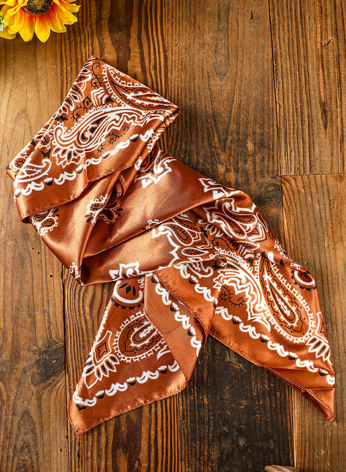 Gold Flame Vintage Satin Flower Print Square Scarf - Bellisima Clothing Collective