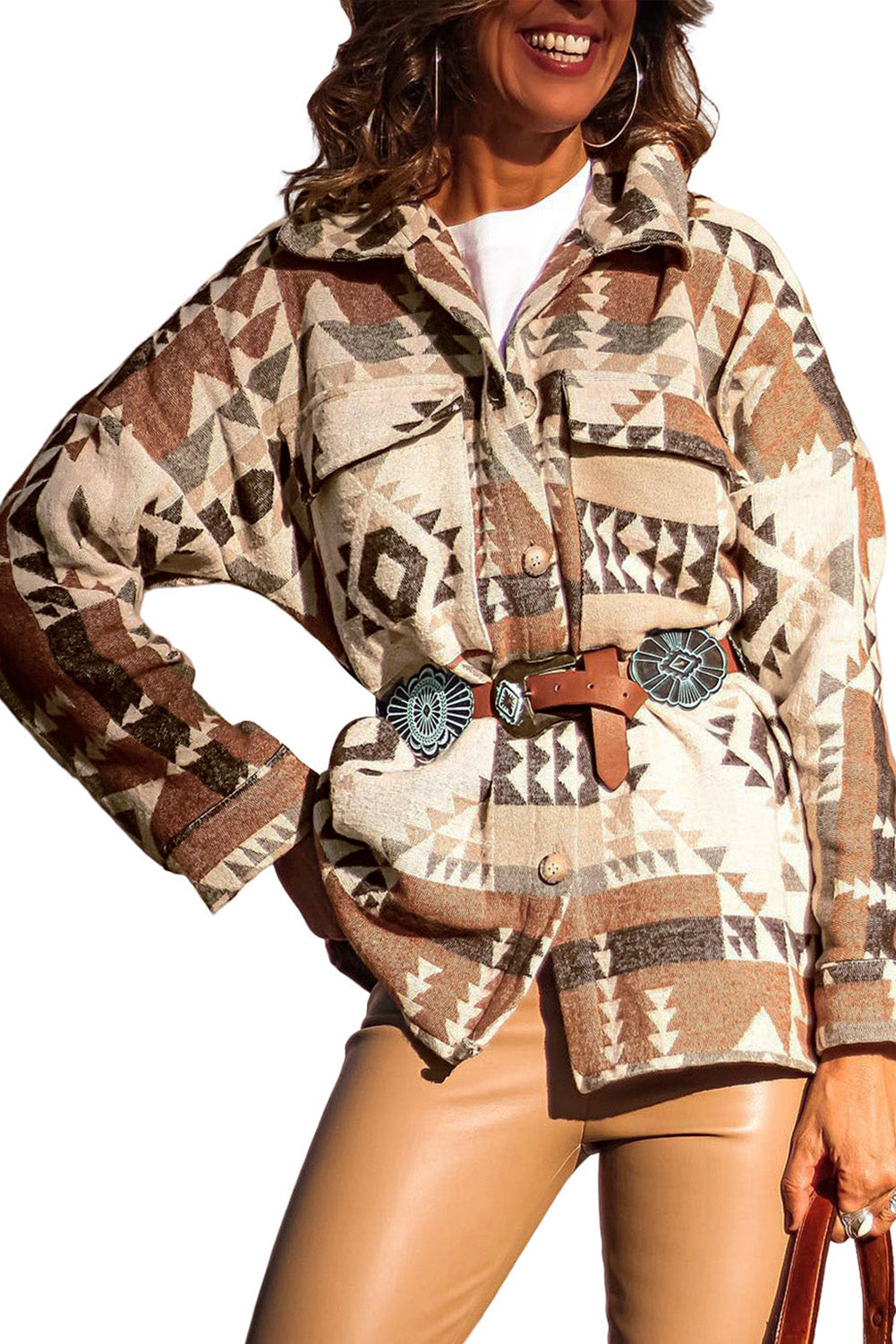 Brown Geometric Print Colorblock Flap Pocket Jacket - Bellisima Clothing Collective