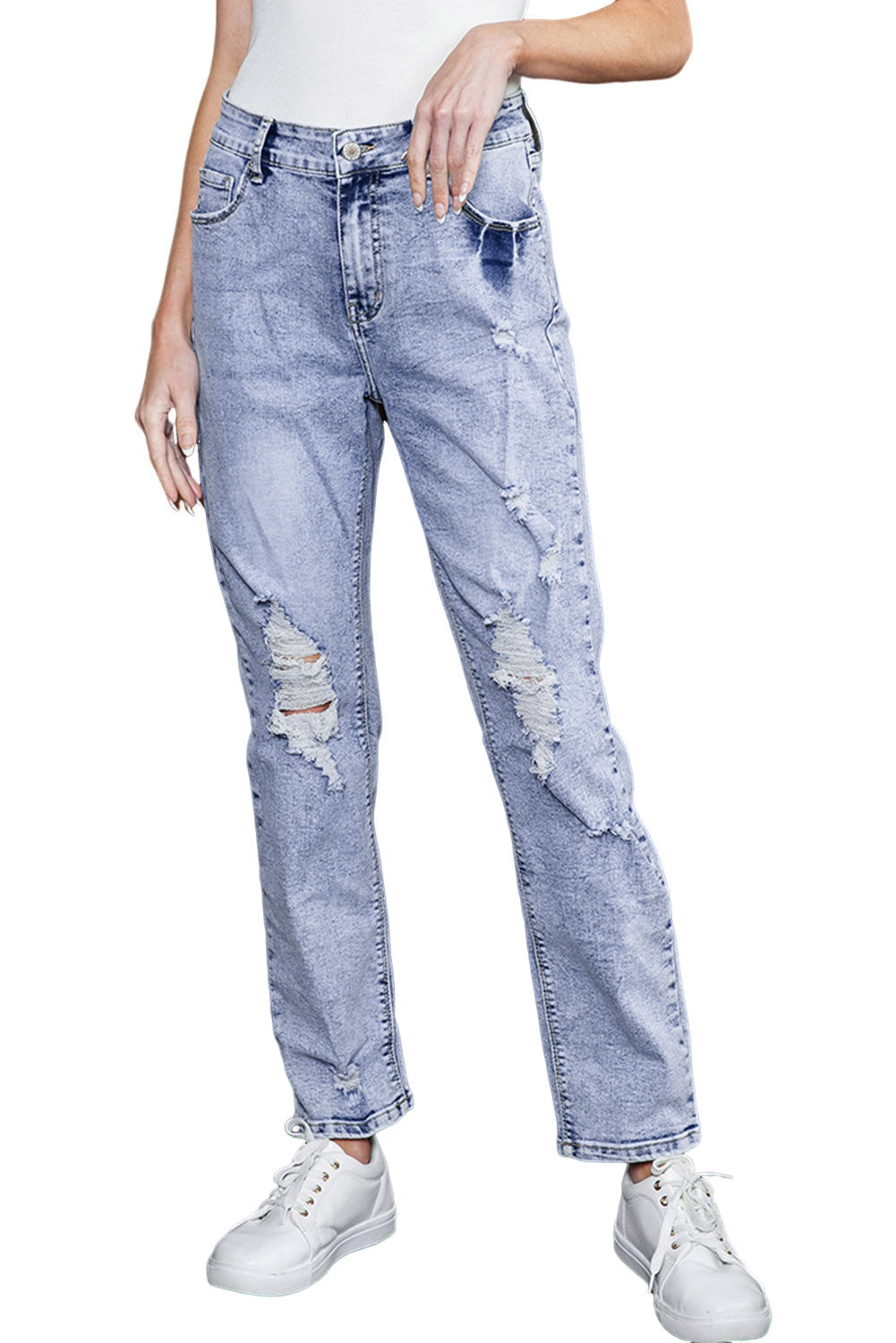 Sky Blue Acid Wash Sheath Straight Leg Distressed Jeans - Bellisima Clothing Collective