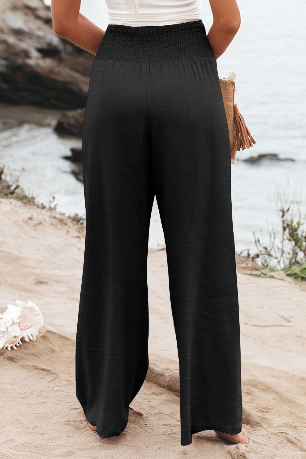 Black Shirred High Waist Plus Size Wide Leg Pants - Bellisima Clothing Collective