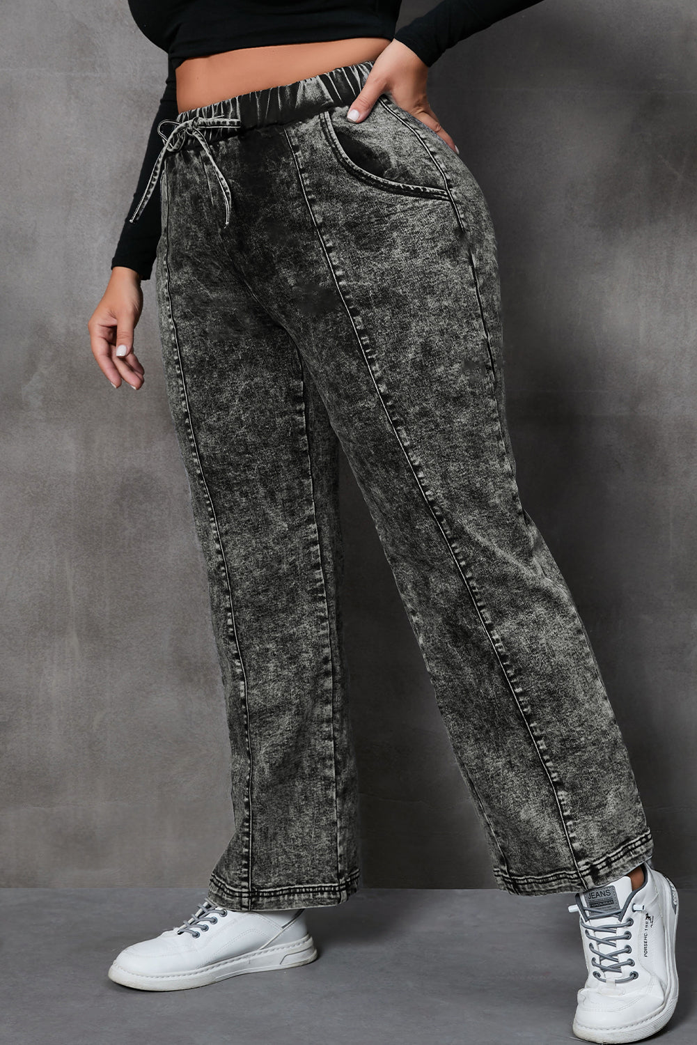 Black Plus Size Tie Dye Drawstring Splicing Wide Leg Jeans - Bellisima Clothing Collective